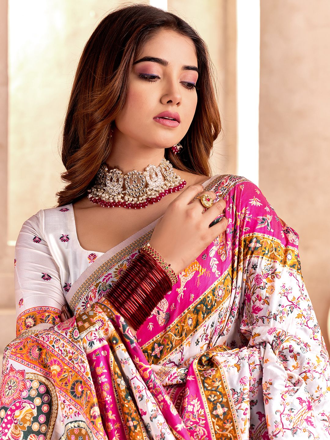 Smart Off White Nylon Dola Pashmina Saree With Prettiest Blouse Piece