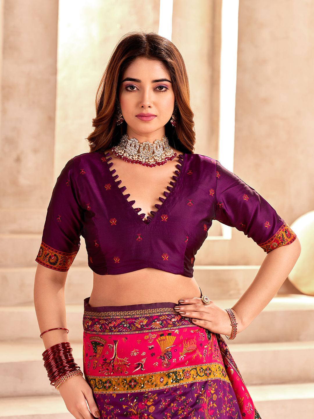 Assemblage Purple Nylon Dola Pashmina Saree With Quintessential Blouse Piece