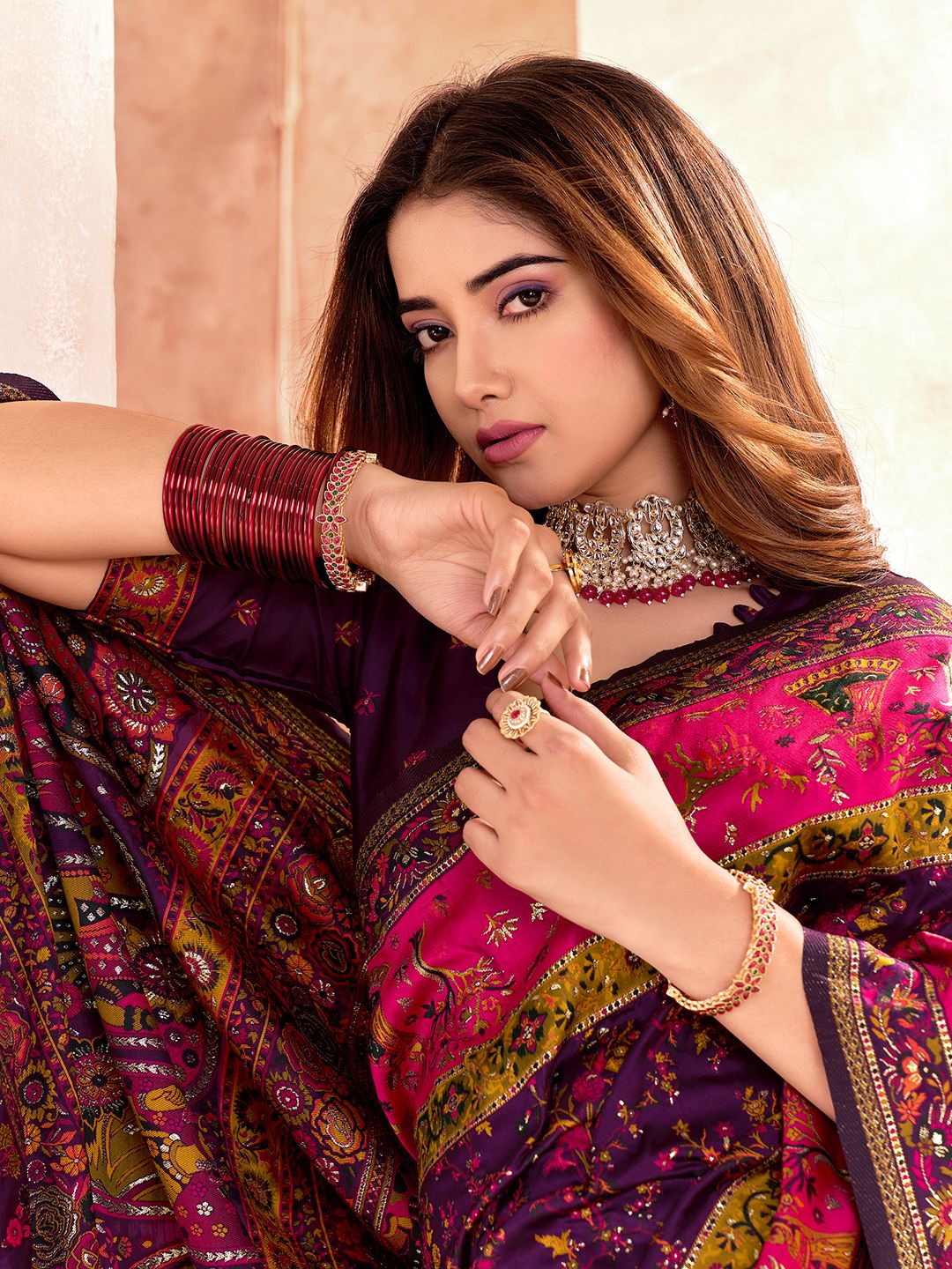 Assemblage Purple Nylon Dola Pashmina Saree With Quintessential Blouse Piece