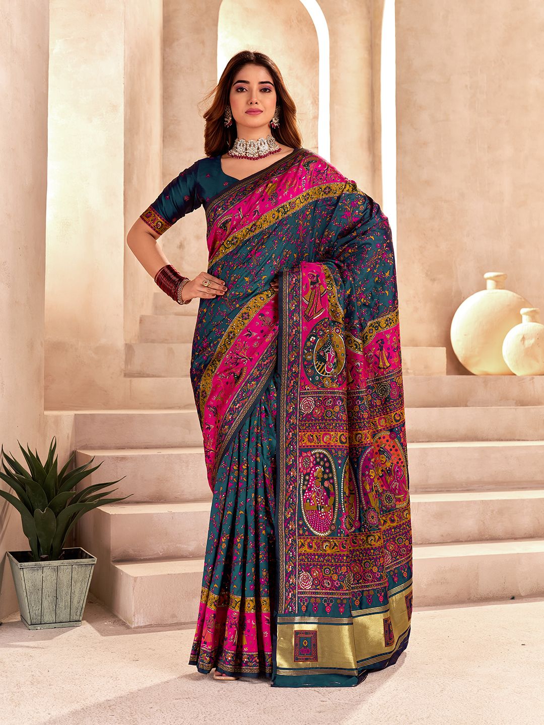 Fragrant Rama Nylon Dola Pashmina Saree With Evanescent Blouse Piece