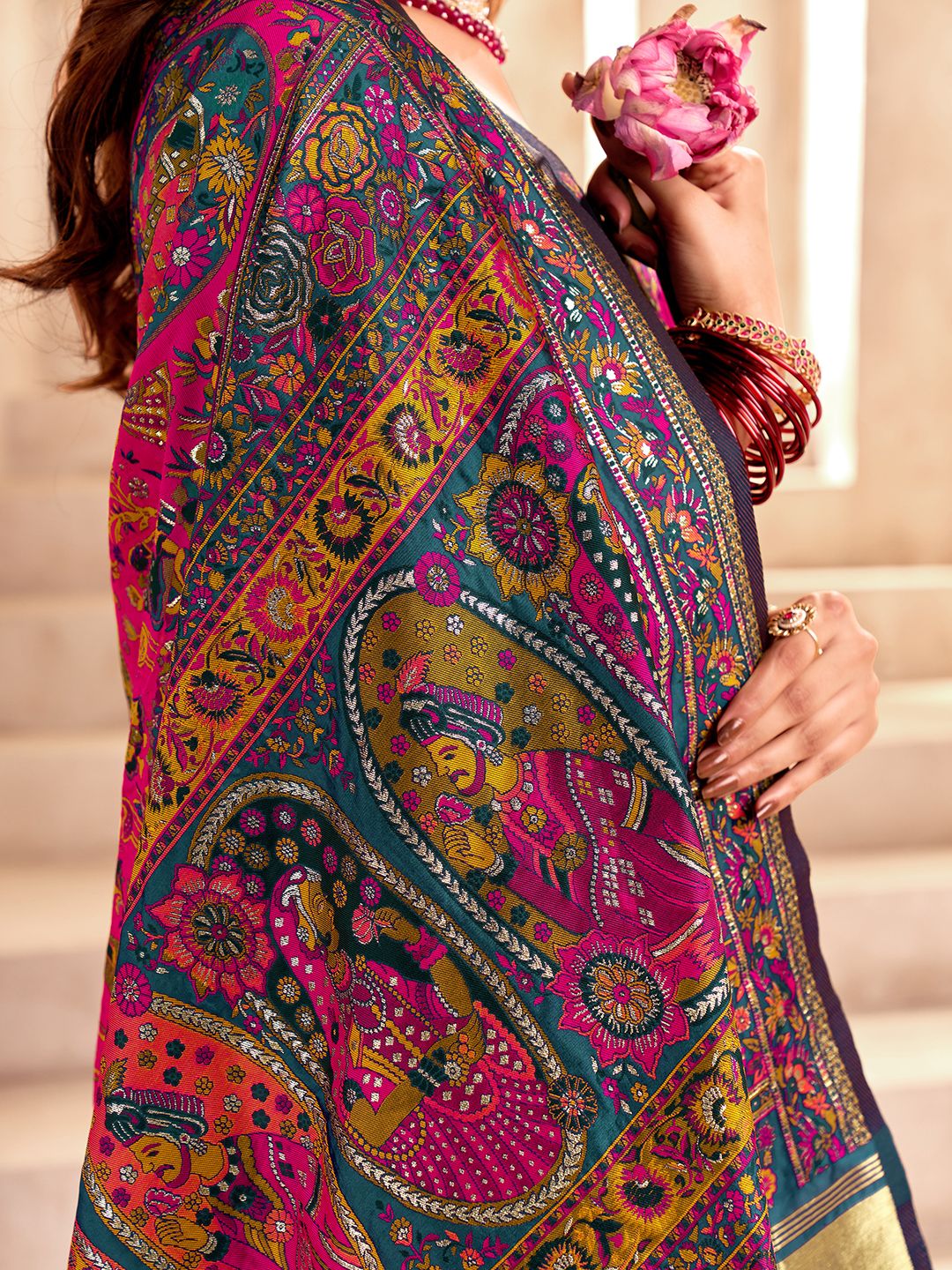 Fragrant Rama Nylon Dola Pashmina Saree With Evanescent Blouse Piece