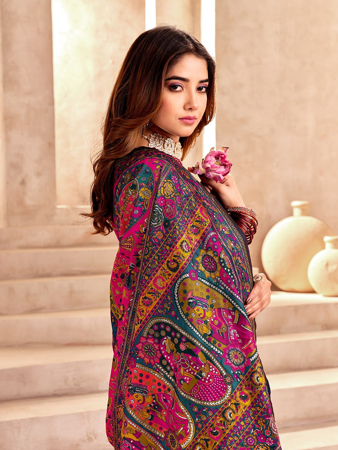 Fragrant Rama Nylon Dola Pashmina Saree With Evanescent Blouse Piece