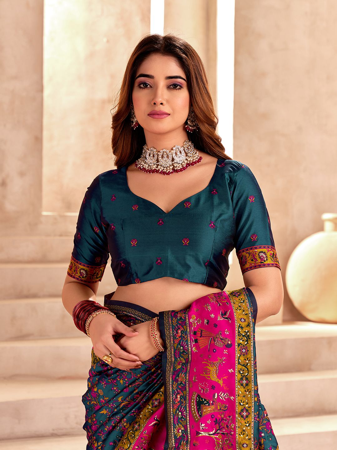 Fragrant Rama Nylon Dola Pashmina Saree With Evanescent Blouse Piece