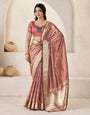 Serendipity Peach Zari Weaving Linen Silk Saree With Artistic Blouse Piece