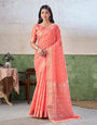 Dulcet Peach Zari Weaving Linen Silk Saree With Excellent Blouse Piece