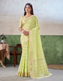 Staggering Pista Zari Weaving Linen Silk Saree With Glamorous Blouse Piece