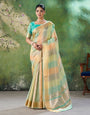 Mellifluous Multicolor Zari Weaving Linen Silk Saree With Snazzy Blouse Piece