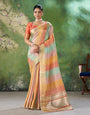 Stunning Multicolor Zari Weaving Linen Silk Saree With Prominent Blouse Piece