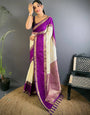 Dissemble Beige Pure Zari Weaving Banarasi Silk Saree With Glittering Blouse Piece