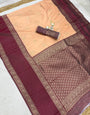 Divine Peach Pure Zari Weaving Banarasi Silk Saree With Amiable Blouse Piece
