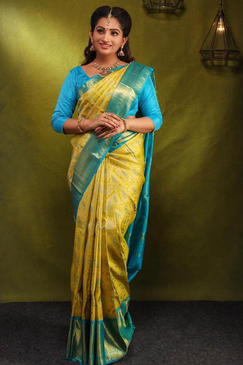 Brood Yellow Soft Silk Saree With Grandiose Blouse Piece