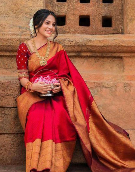 Ailurophile Red Soft Silk Saree With Cynosure Blouse Piece