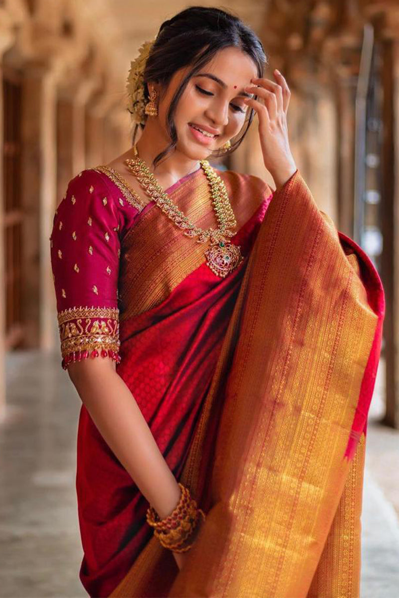 Ailurophile Red Soft Silk Saree With Cynosure Blouse Piece