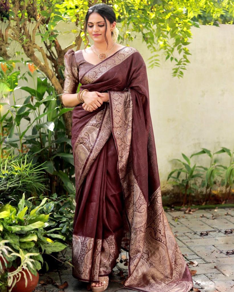 Assemblage Brown Soft Silk Saree With Ethereal Blouse Piece