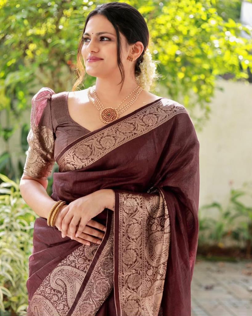 Assemblage Brown Soft Silk Saree With Ethereal Blouse Piece