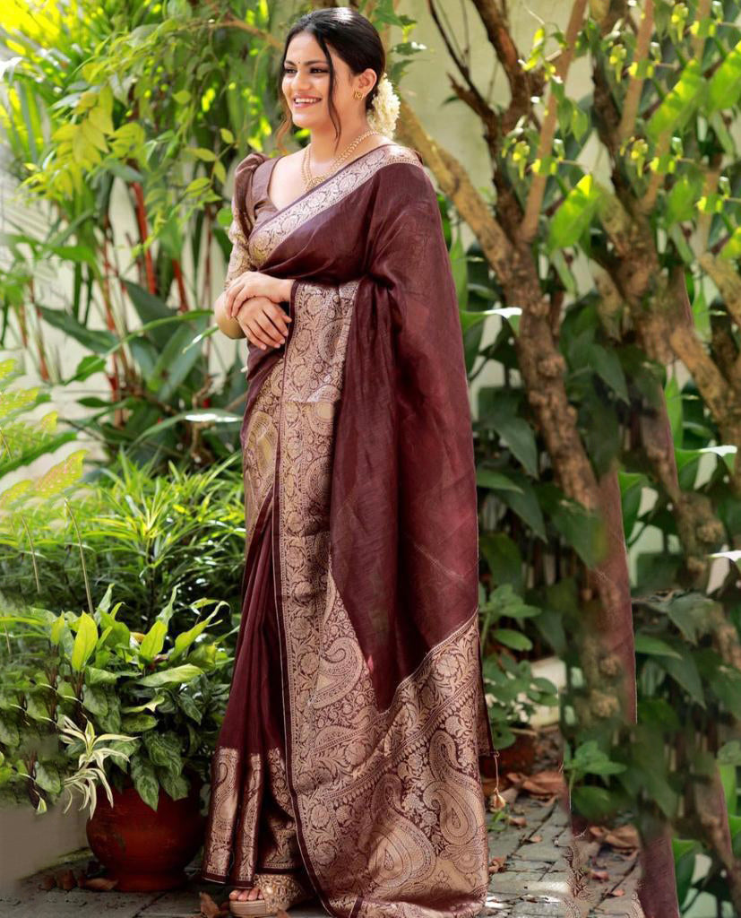 Assemblage Brown Soft Silk Saree With Ethereal Blouse Piece