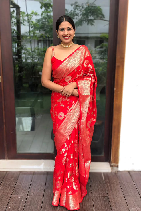 Excellent Red Soft Silk Saree With Embellished Blouse Piece