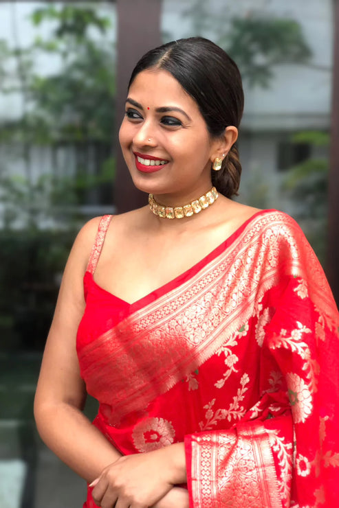 Excellent Red Soft Silk Saree With Embellished Blouse Piece