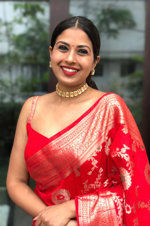 Excellent Red Soft Silk Saree With Embellished Blouse Piece