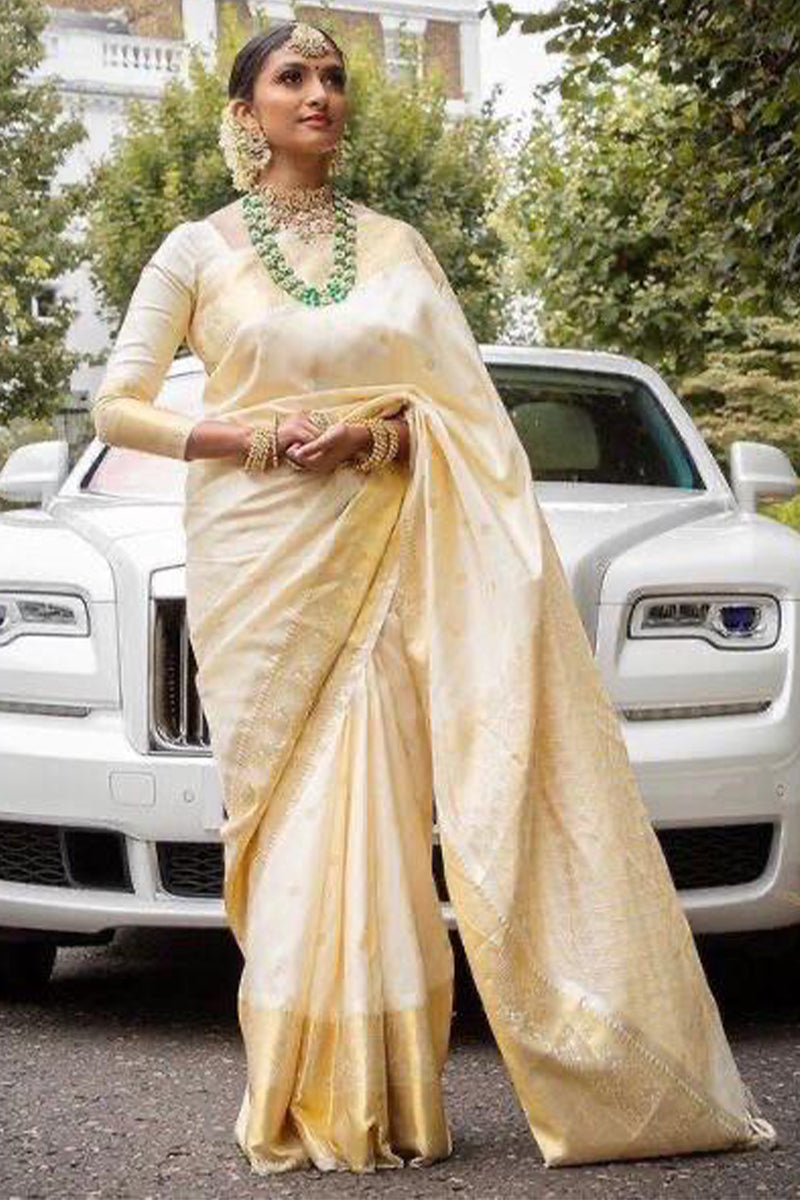 Verdant Off White Soft Silk Saree With Murmurous Blouse Piece