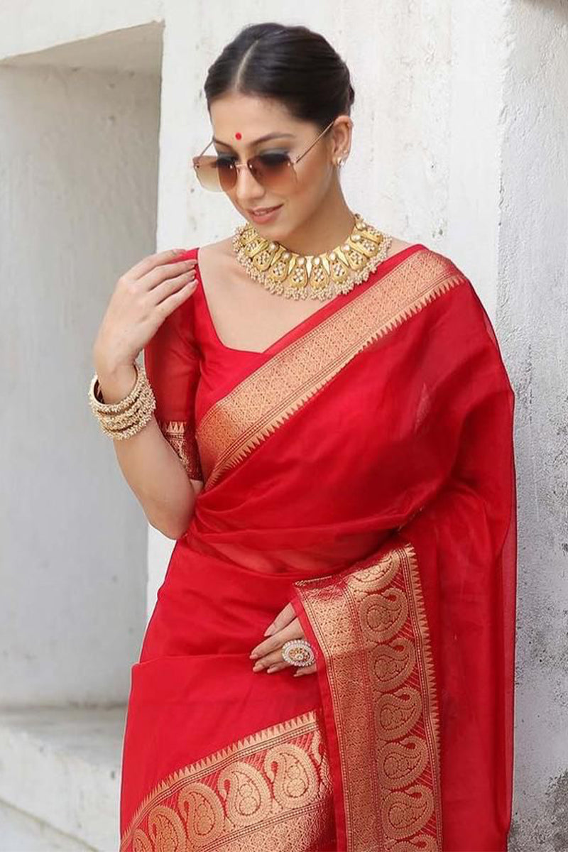 Super classy Red Orgeanza Silk Saree With Glamorous Blouse Piece