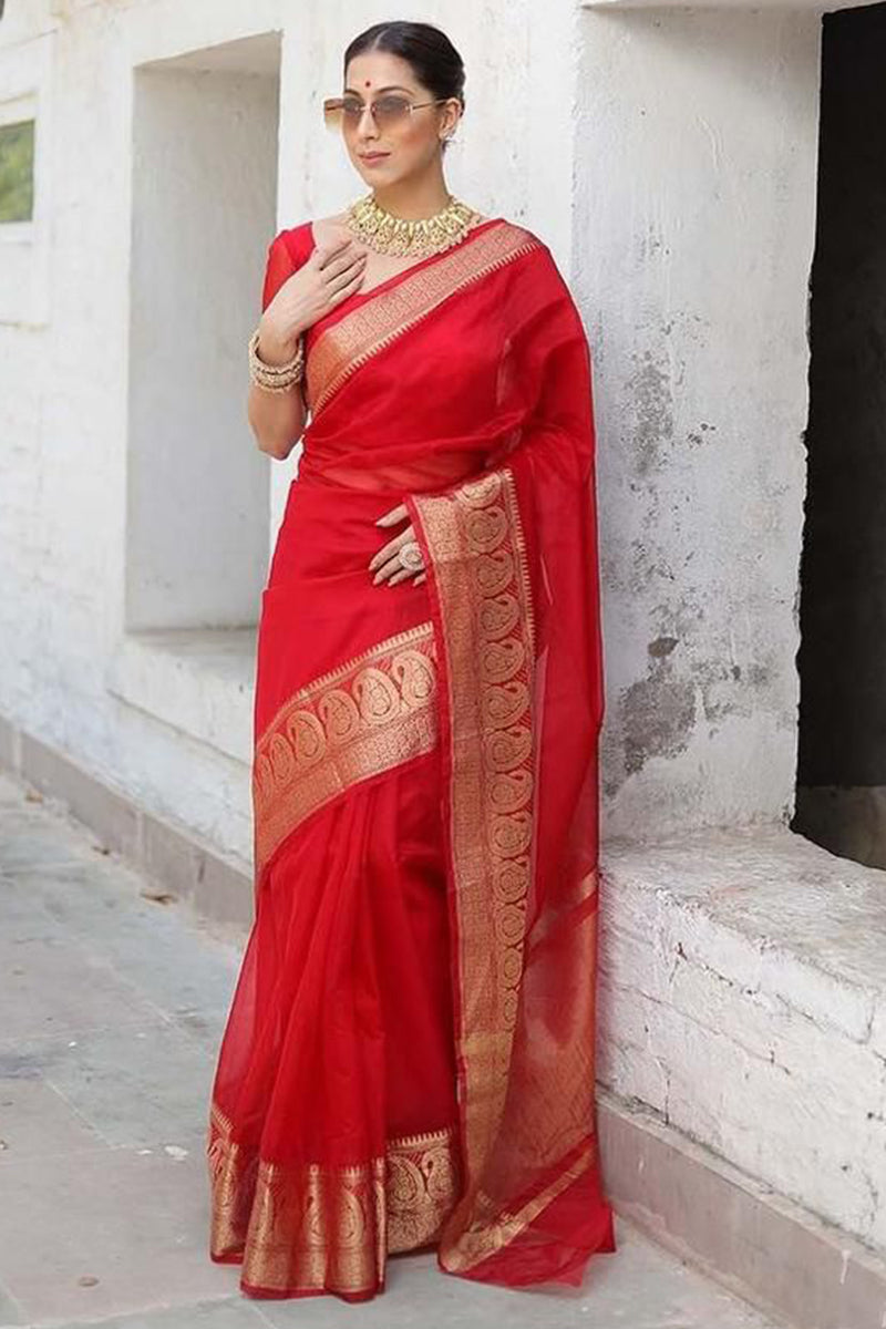 Super classy Red Orgeanza Silk Saree With Glamorous Blouse Piece