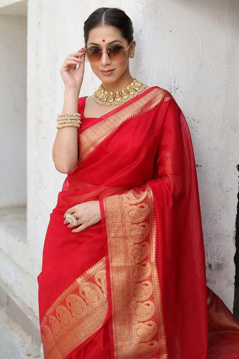 Super classy Red Orgeanza Silk Saree With Glamorous Blouse Piece