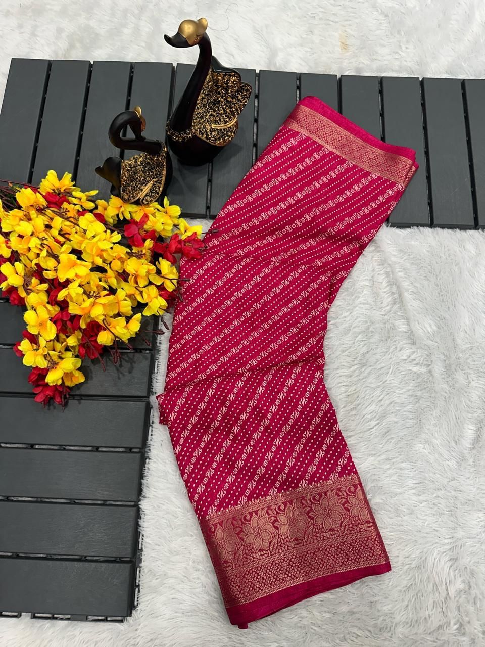 Delightful Dark Pink Digital Printed Dola Silk Saree With Panache Blouse Piece