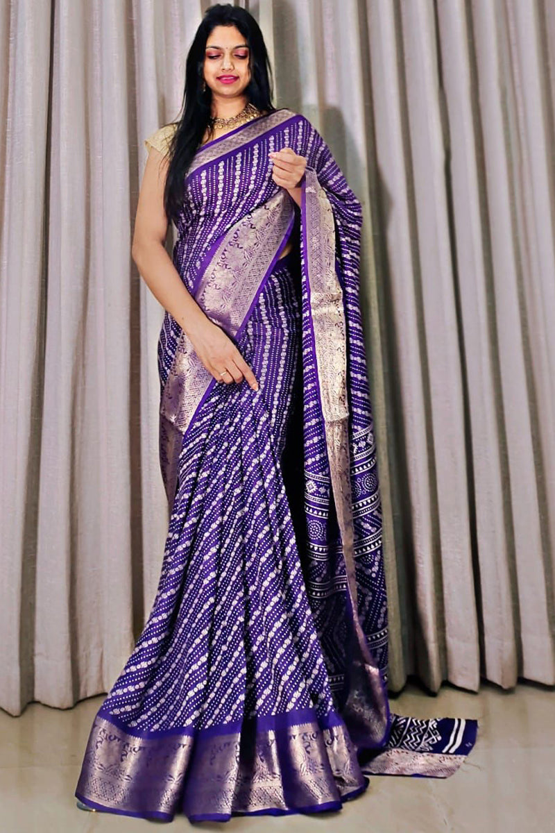 Pleasant Royal Blue Digital Printed Dola Silk Saree With Pulsating Blouse Piece