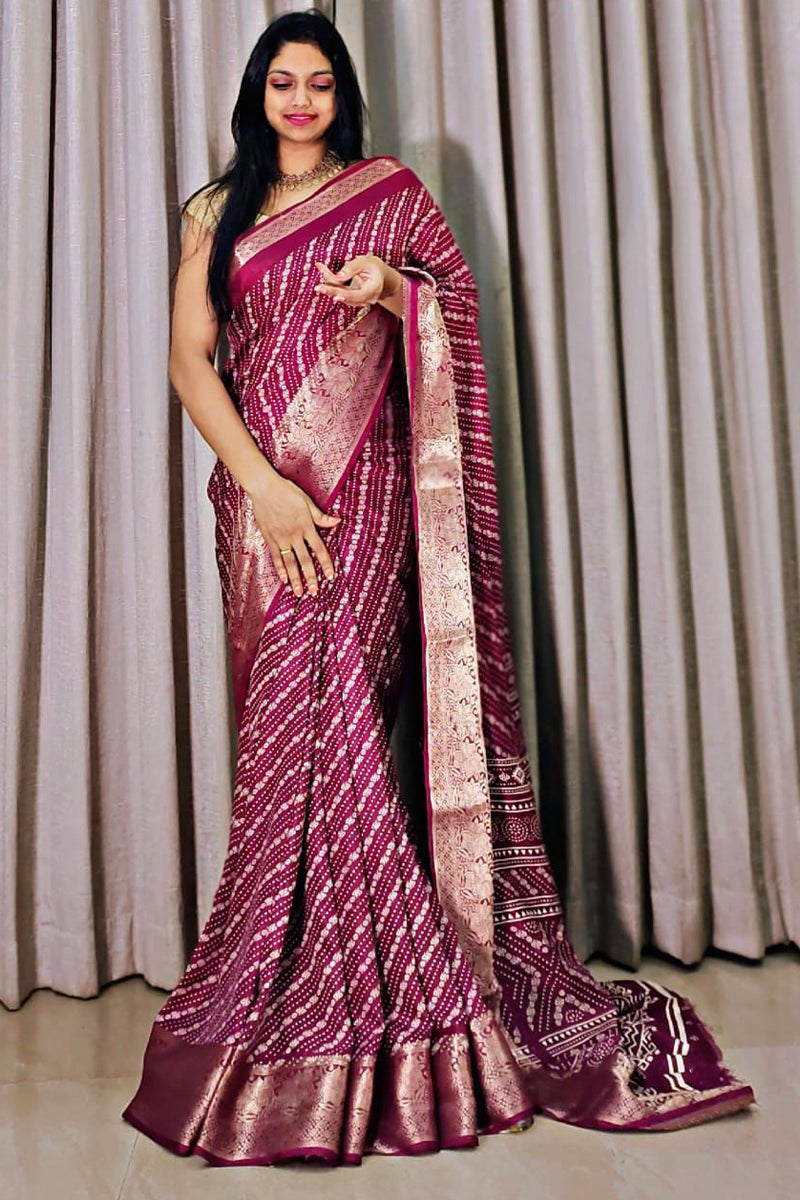 Smart Wine Digital Printed Dola Silk Saree With Exuberant Blouse Piece