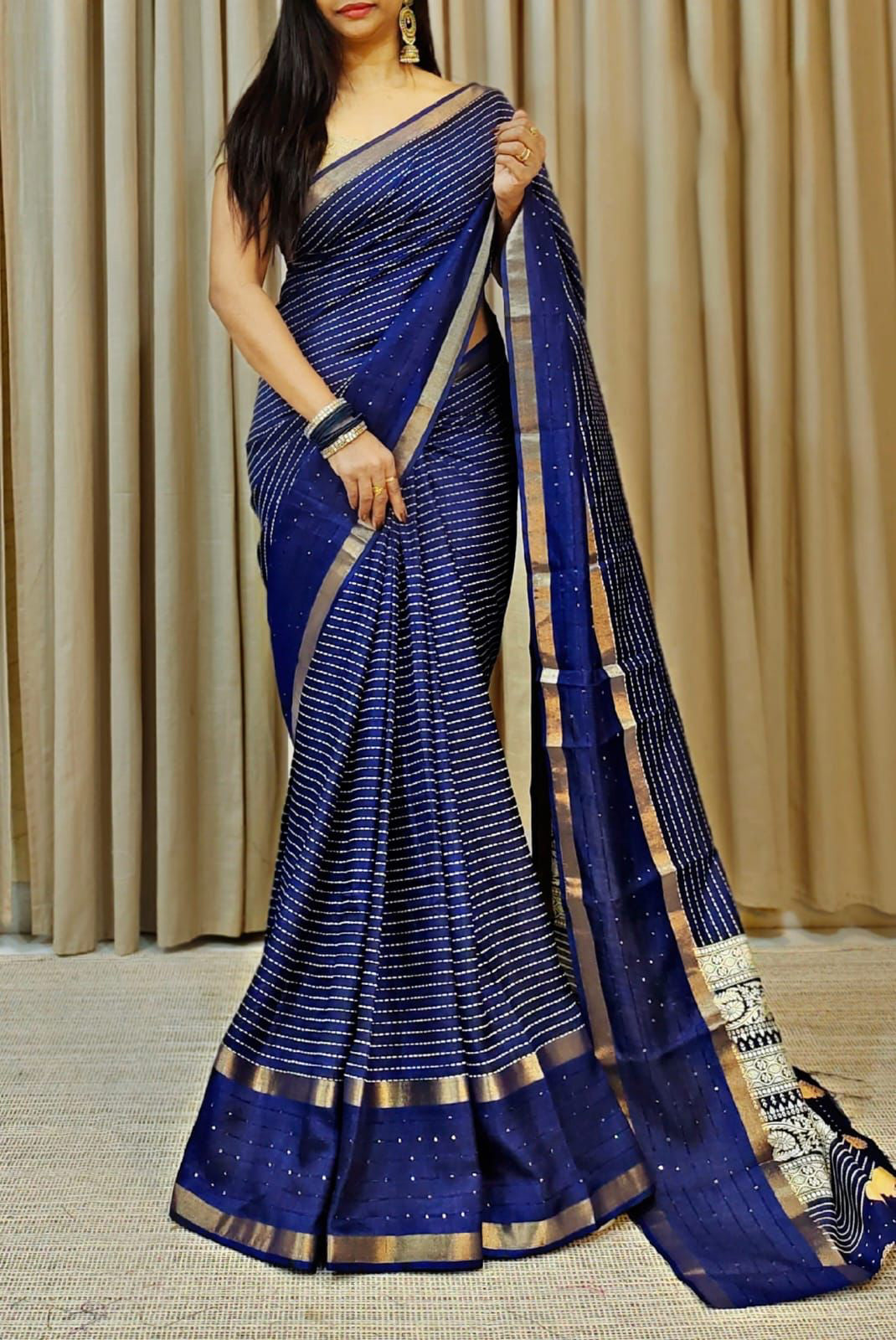 Preferable Navy Blue Digital Printed Dola Silk Saree With Allure Blouse Piece