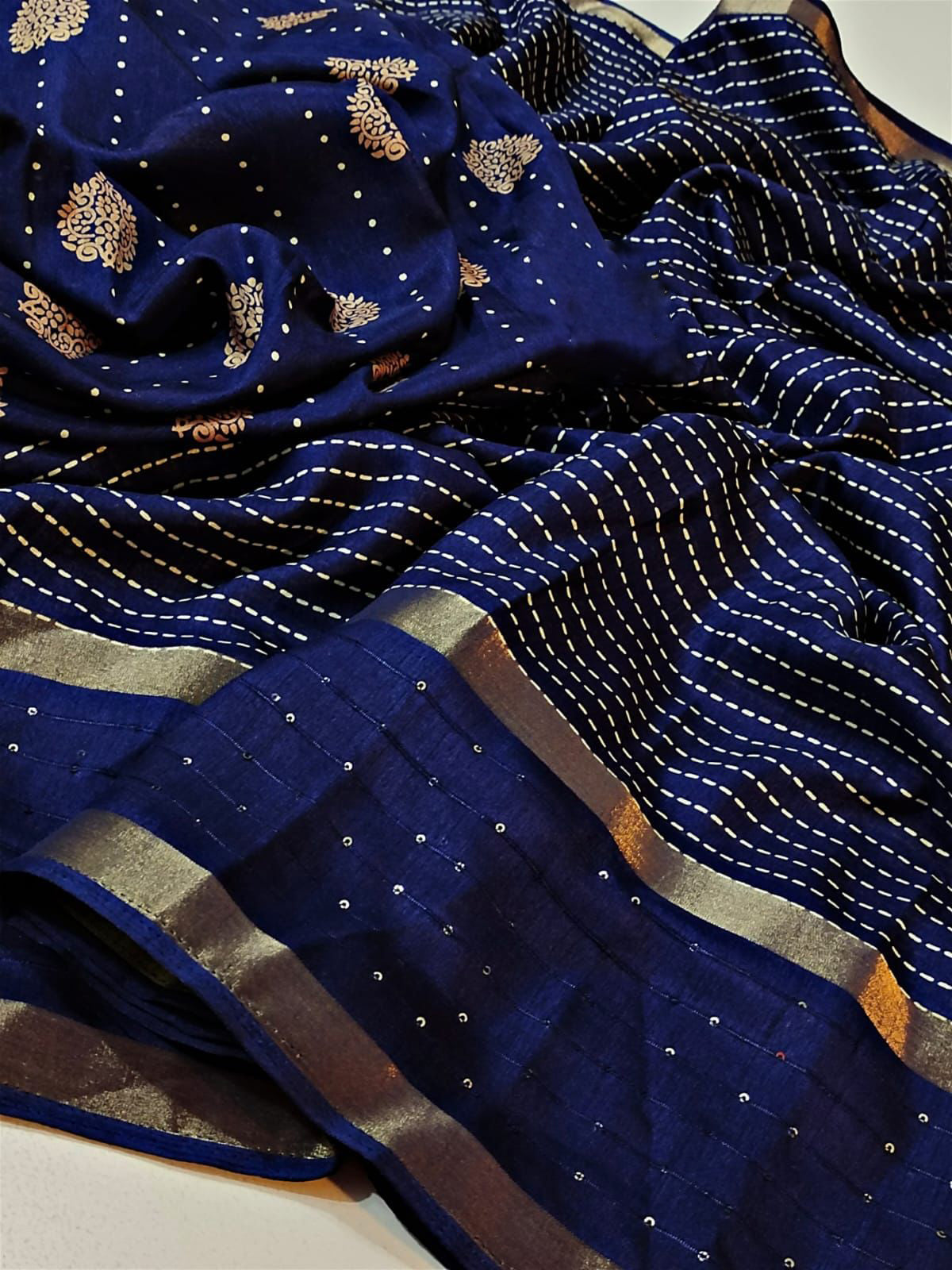 Preferable Navy Blue Digital Printed Dola Silk Saree With Allure Blouse Piece