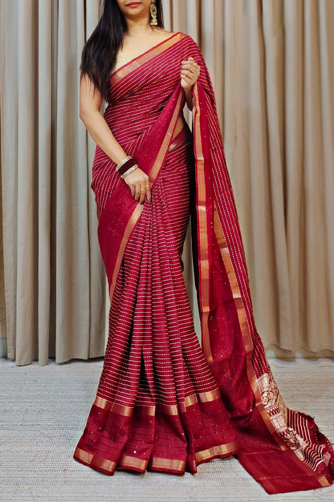 Designer Red Digital Printed Dola Silk Saree With Profuse Blouse Piece