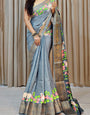 Extraordinary Grey Digital Printed Dola Silk Saree With Sumptuous Blouse Piece