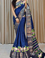 Exceptional Navy Blue Digital Printed Dola Silk Saree With Enthralling Blouse Piece