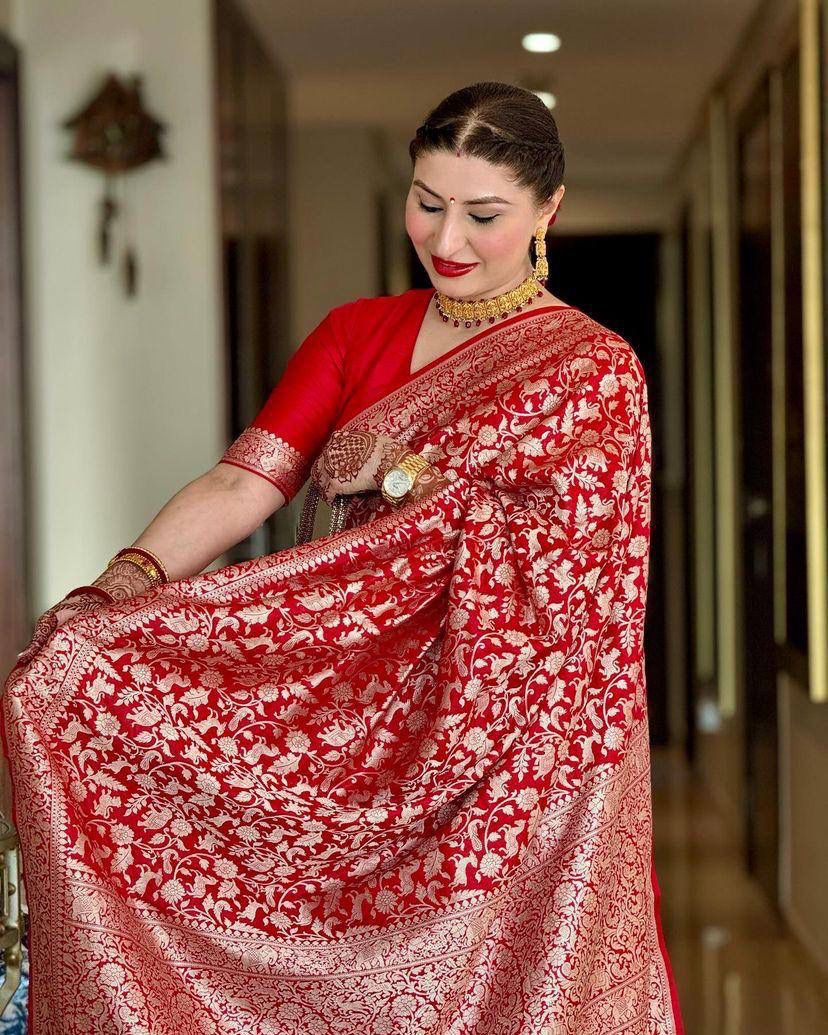 Ineffable Red Soft Silk Saree With Serendipity Blouse Piece