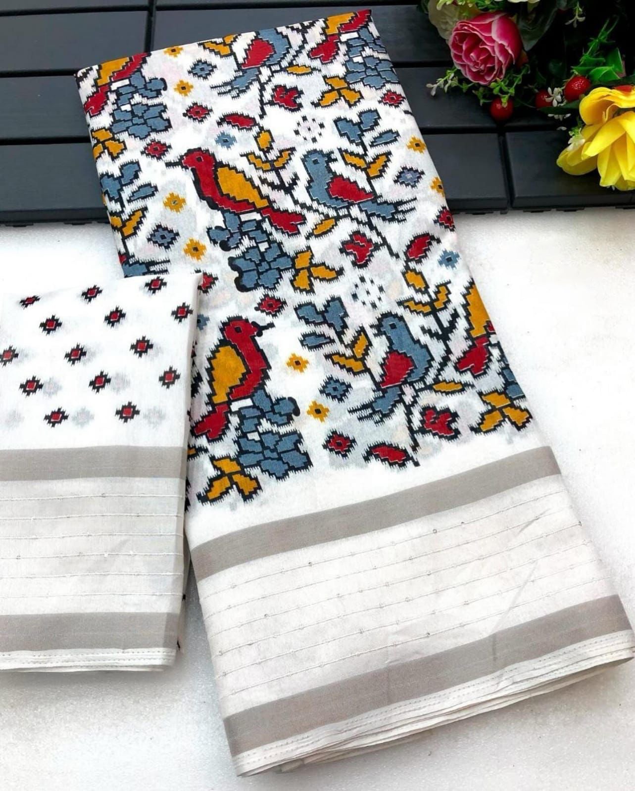 Marvellous White Digital Printed Dola Silk Saree With Propinquity Blouse Piece