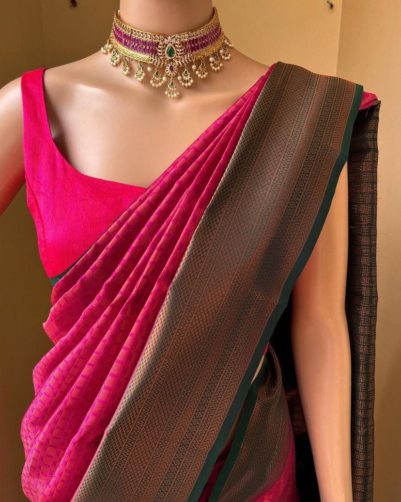 Embellished Dark Pink Soft Silk Saree With Mellifluous Blouse Piece