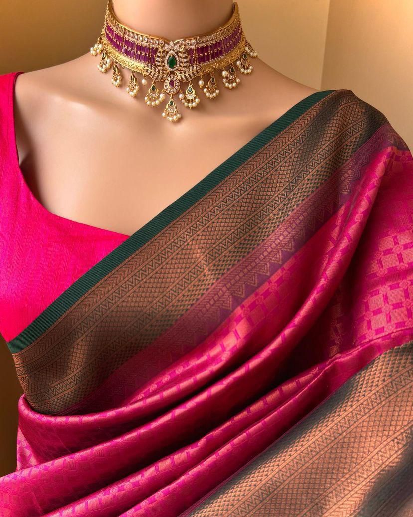 Embellished Dark Pink Soft Silk Saree With Mellifluous Blouse Piece