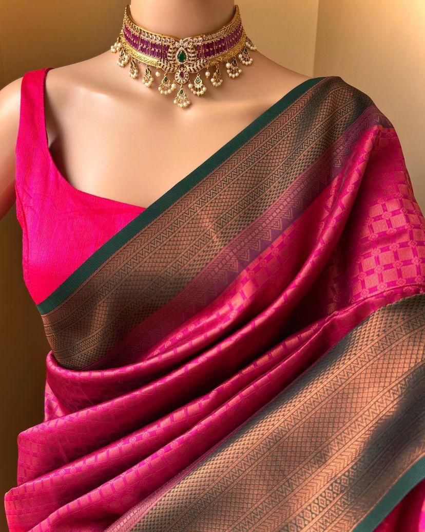 Embellished Dark Pink Soft Silk Saree With Mellifluous Blouse Piece