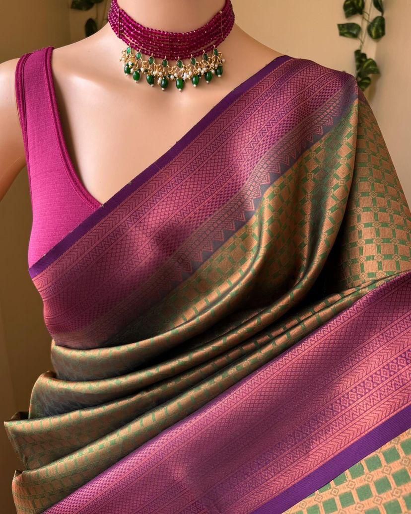 Embellished Mehndi Soft Silk Saree With Mellifluous Blouse Piece