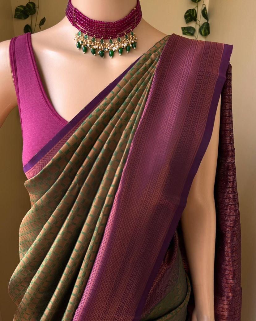 Embellished Mehndi Soft Silk Saree With Mellifluous Blouse Piece