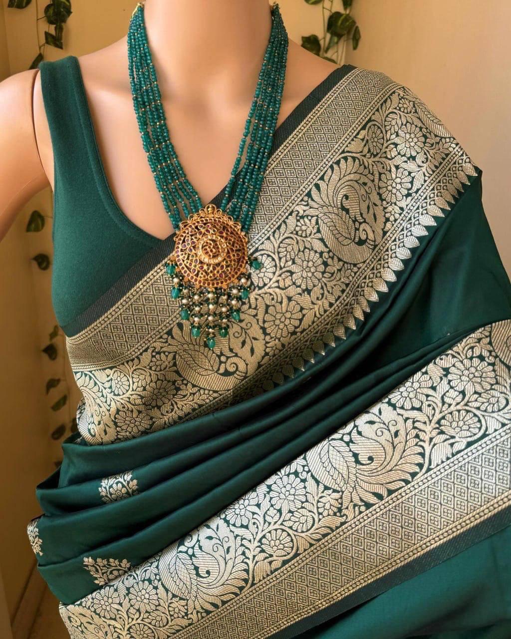 Surreptitious Dark Green Soft Silk Saree With Magnificat Blouse Piece