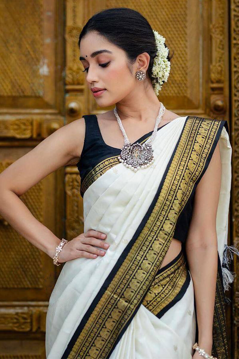 Prettiest Off White Soft Silk Saree With Glowing Blouse Piece