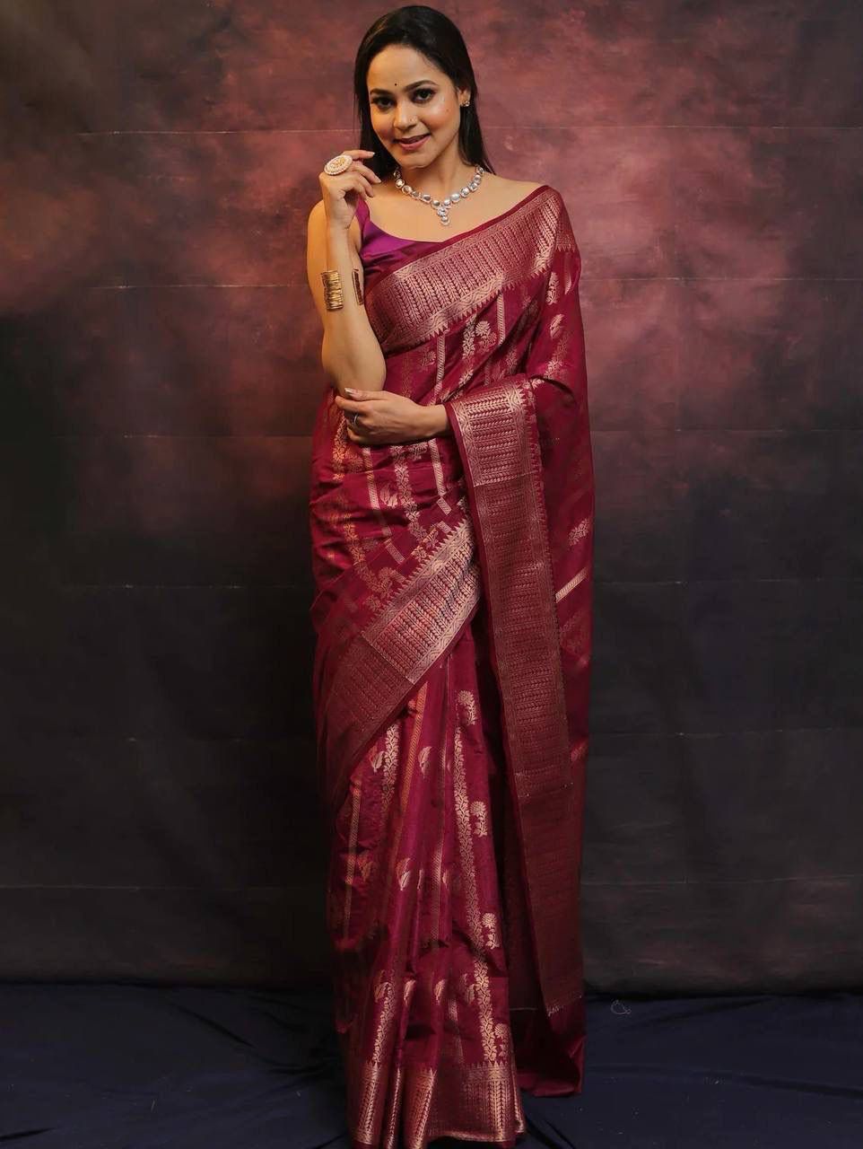 Zephyr Wine Soft Silk Saree With Sonorous Blouse Piece