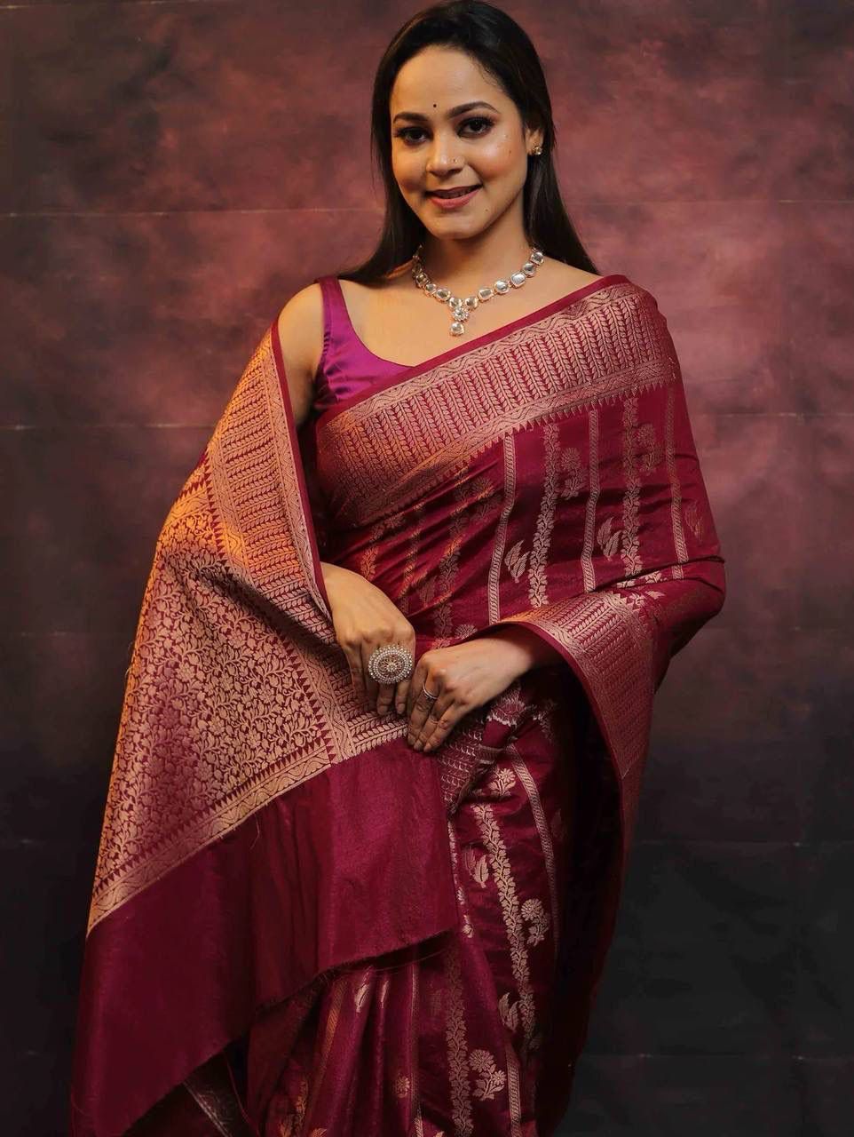 Zephyr Wine Soft Silk Saree With Sonorous Blouse Piece