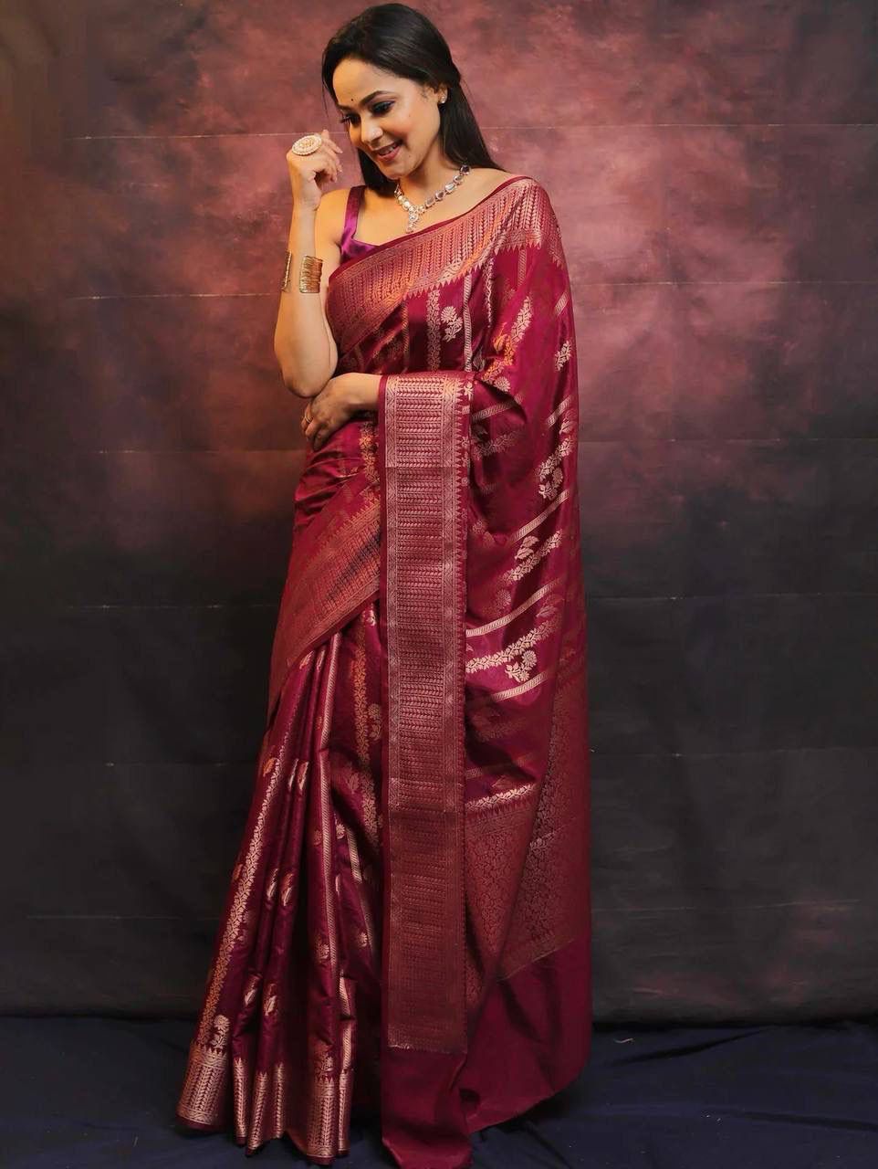 Zephyr Wine Soft Silk Saree With Sonorous Blouse Piece