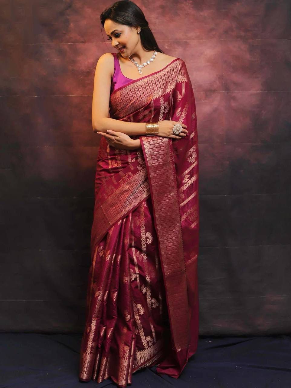 Zephyr Wine Soft Silk Saree With Sonorous Blouse Piece