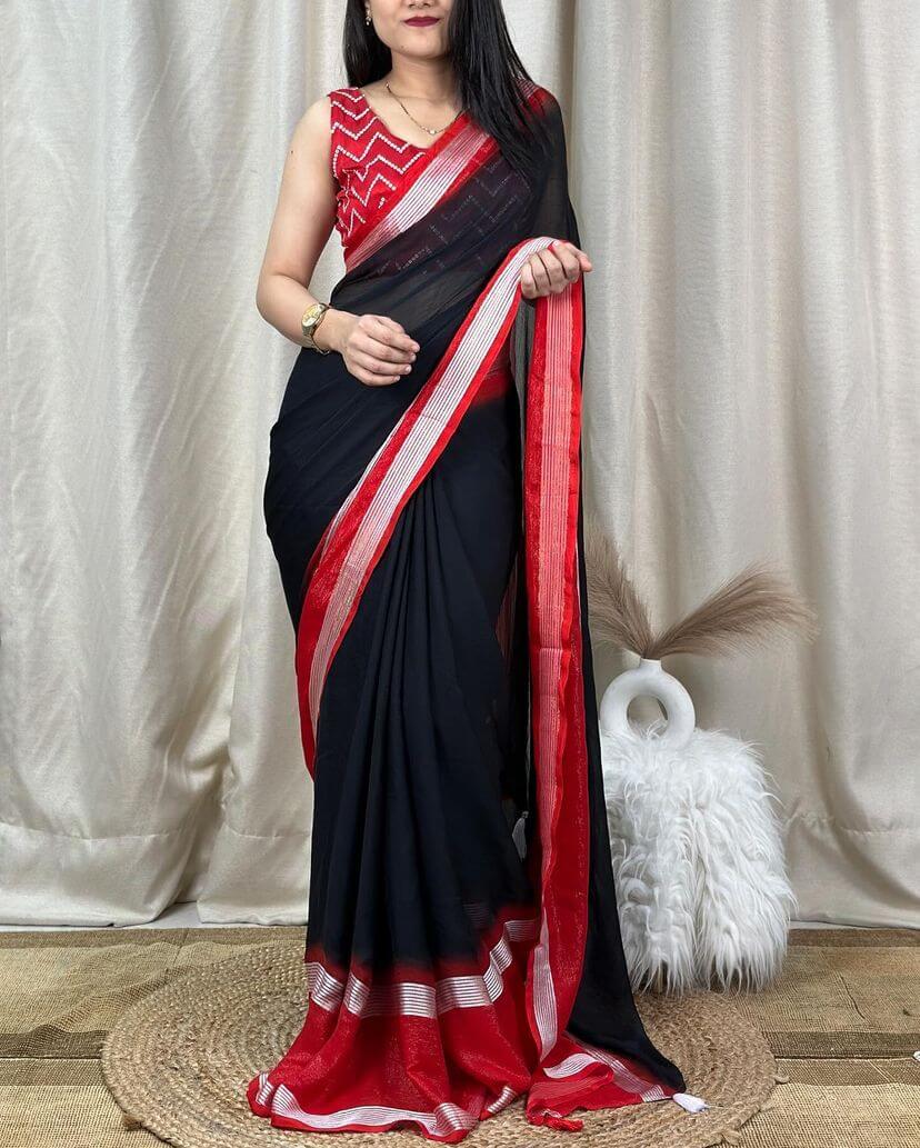 Super classy Black Digital Printed Chiffon Saree With Imbrication Blouse Piece