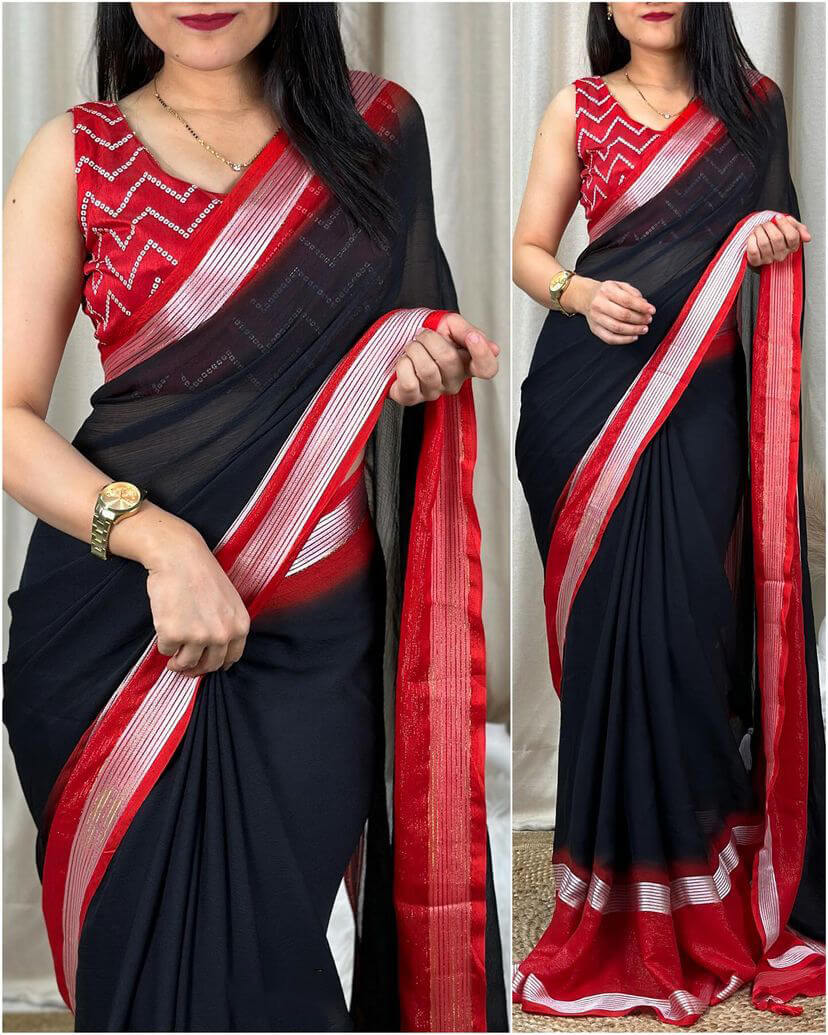 Super classy Black Digital Printed Chiffon Saree With Imbrication Blouse Piece